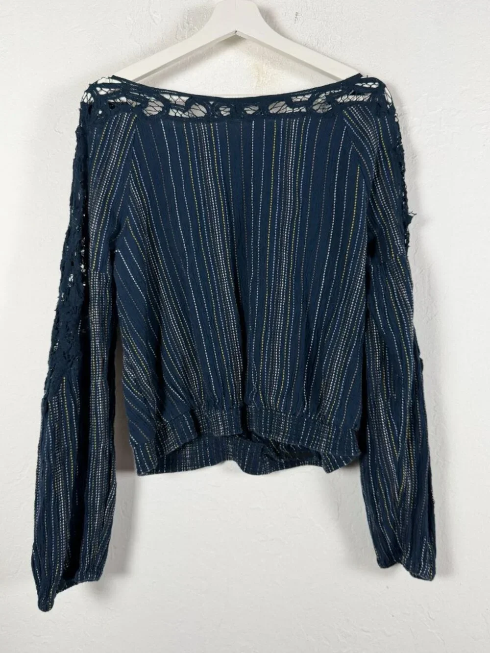 Free People Floating Memories Blouse Navy Blue Crochet Lace Stripe Boho Large